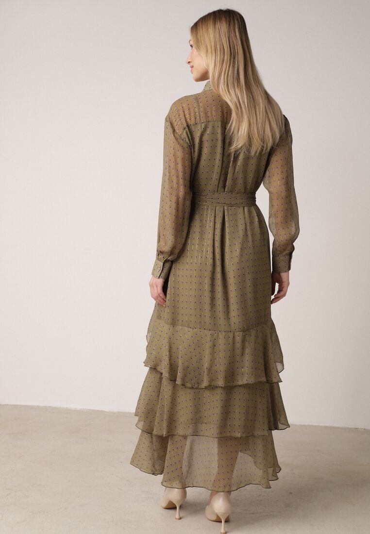 Zielona Koszulowa Sukienka z Dłuższym Tyłem i Falbanami Savandra 3