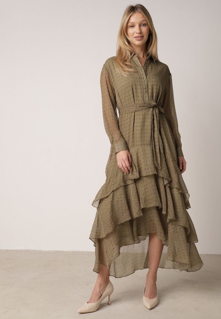 Zielona Koszulowa Sukienka z Dłuższym Tyłem i Falbanami Savandra 4