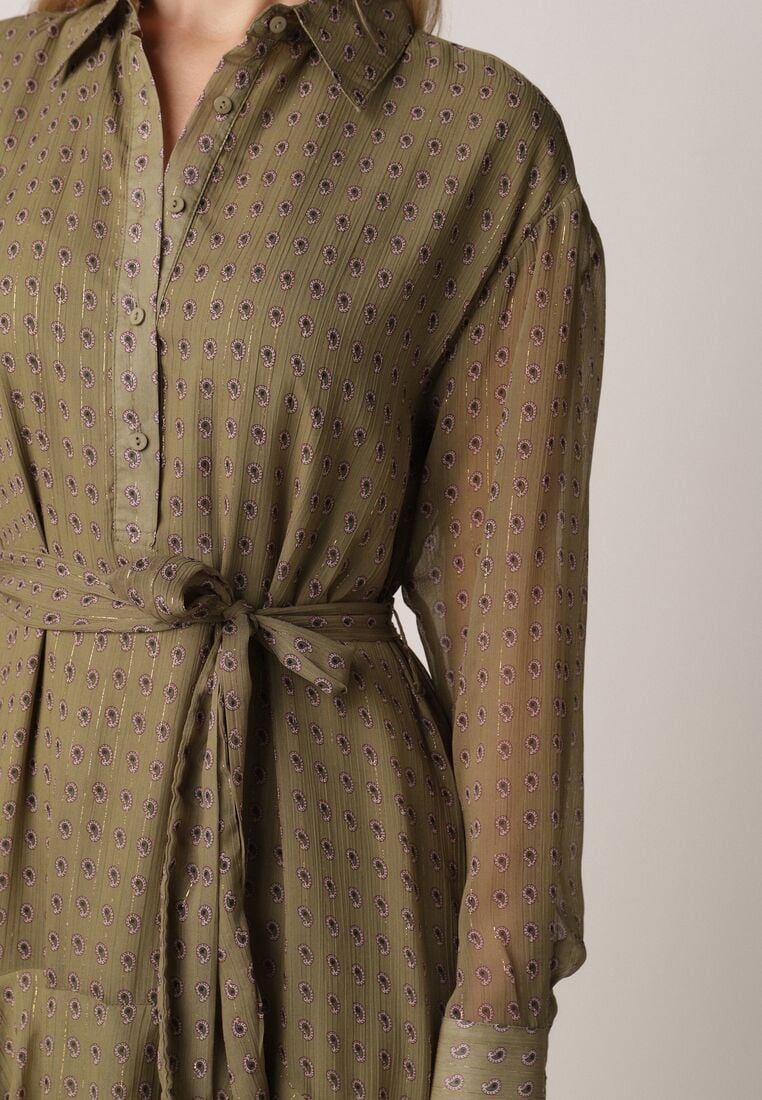 Zielona Koszulowa Sukienka z Dłuższym Tyłem i Falbanami Savandra 5