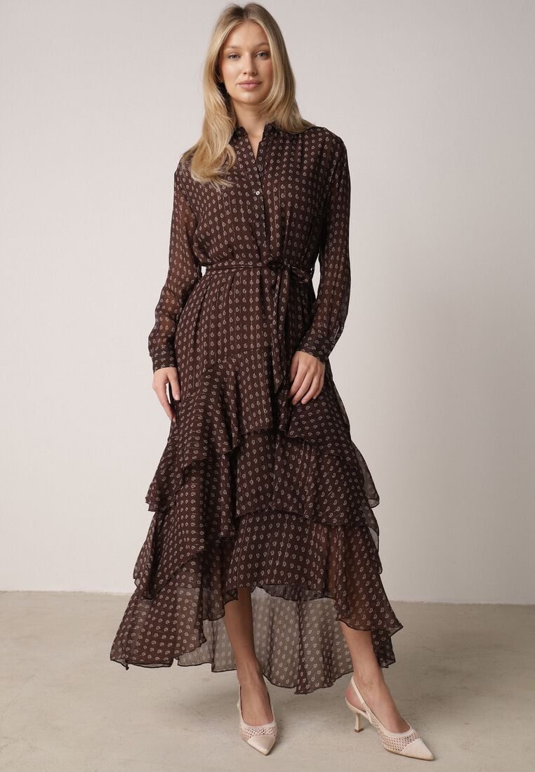 Brązowa Koszulowa Sukienka z Dłuższym Tyłem i Falbanami Savandra 1