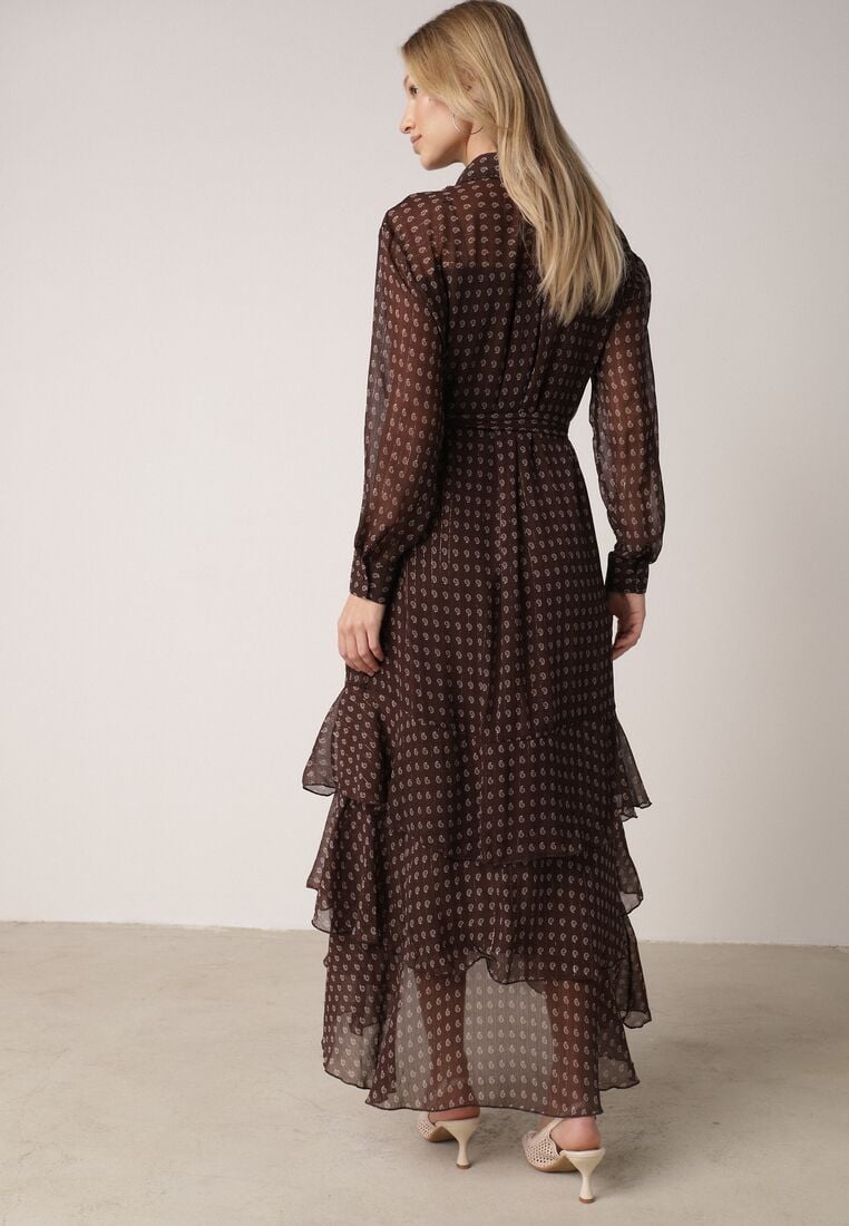 Brązowa Koszulowa Sukienka z Dłuższym Tyłem i Falbanami Savandra 3