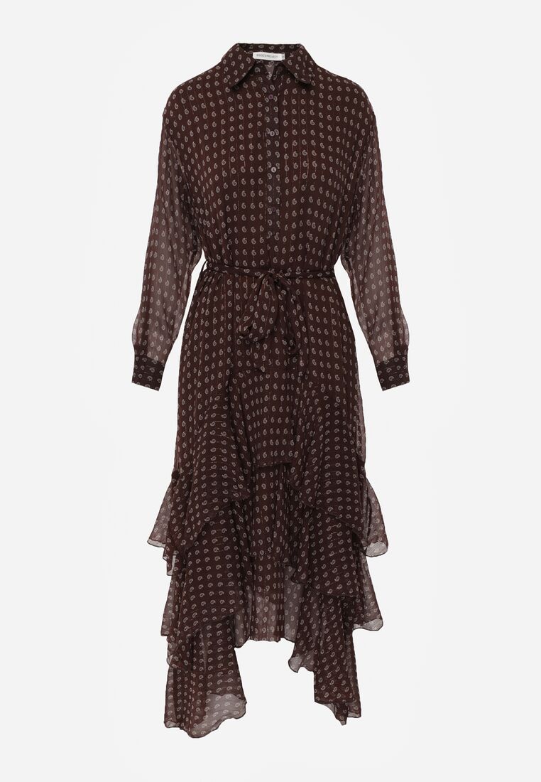 Brązowa Koszulowa Sukienka z Dłuższym Tyłem i Falbanami Savandra 6