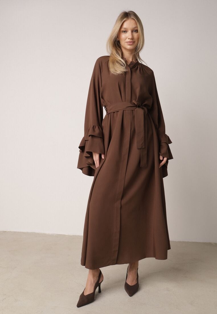 Brązowa Wiskozowa Sukienka Koszulowa z Falbanami przy Rękawach i Paskiem Dinirae 1