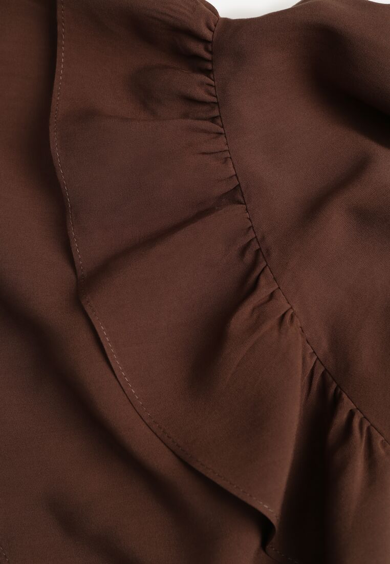 Brązowa Wiskozowa Sukienka Koszulowa z Falbanami przy Rękawach i Paskiem Dinirae 8
