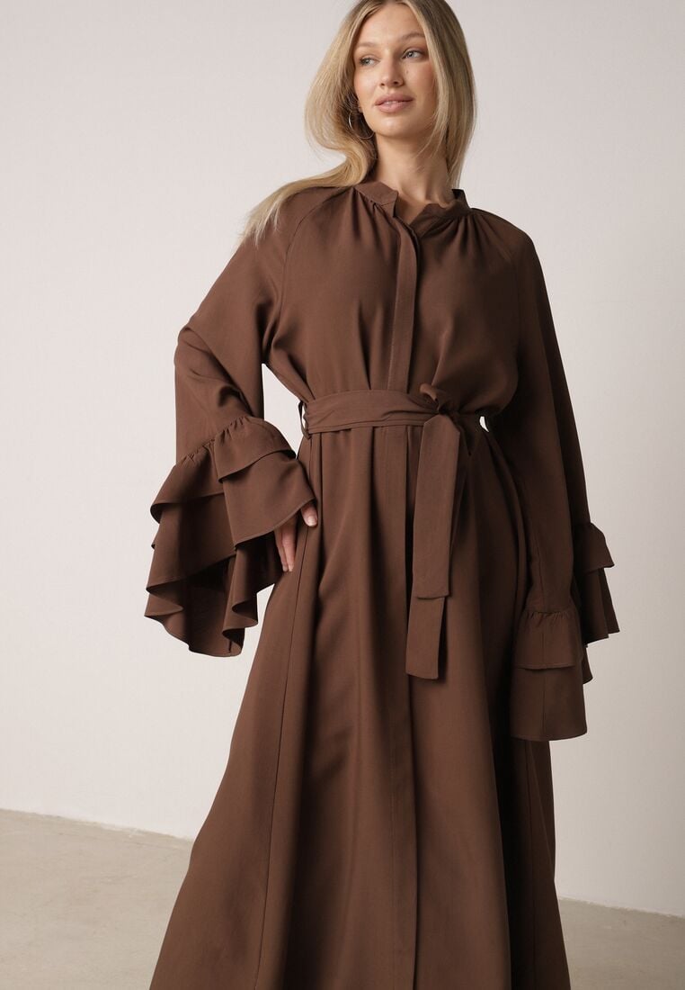 Brązowa Wiskozowa Sukienka Koszulowa z Falbanami przy Rękawach i Paskiem Dinirae 2