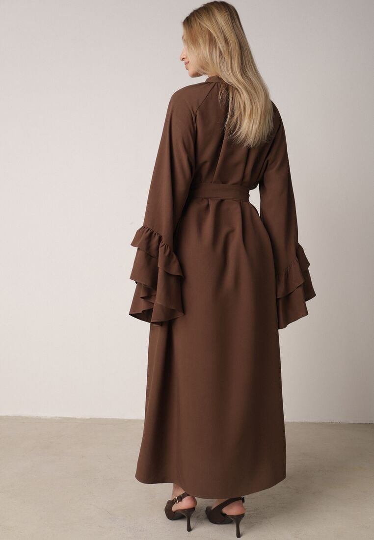 Brązowa Wiskozowa Sukienka Koszulowa z Falbanami przy Rękawach i Paskiem Dinirae 3
