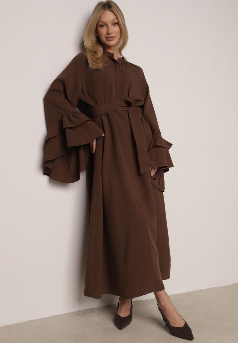 Brązowa Wiskozowa Sukienka Koszulowa z Falbanami przy Rękawach i Paskiem Dinirae 4