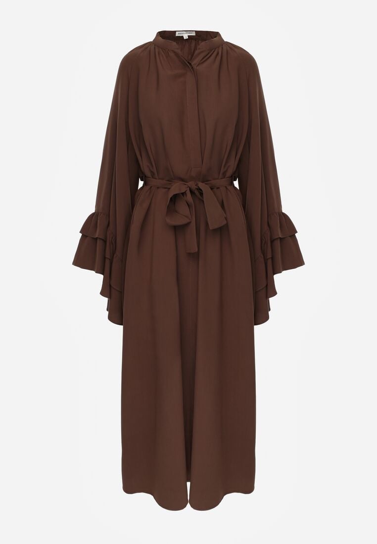 Brązowa Wiskozowa Sukienka Koszulowa z Falbanami przy Rękawach i Paskiem Dinirae 6