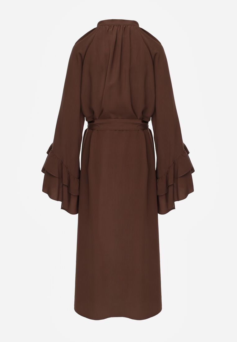Brązowa Wiskozowa Sukienka Koszulowa z Falbanami przy Rękawach i Paskiem Dinirae 7