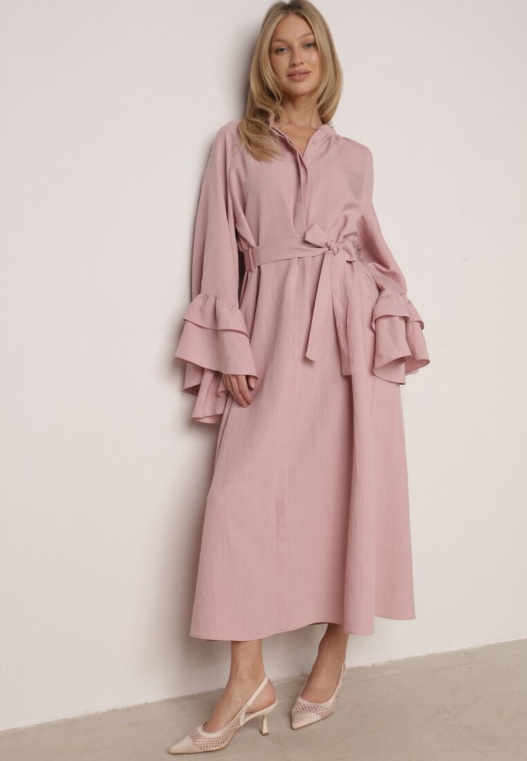 Różowa Wiskozowa Sukienka Koszulowa z Falbanami przy Rękawach i Paskiem Dinirae 1