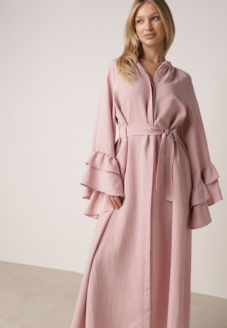 Różowa Wiskozowa Sukienka Koszulowa z Falbanami przy Rękawach i Paskiem Dinirae 2