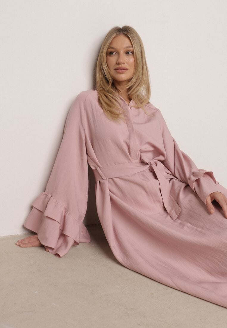 Różowa Wiskozowa Sukienka Koszulowa z Falbanami przy Rękawach i Paskiem Dinirae 4
