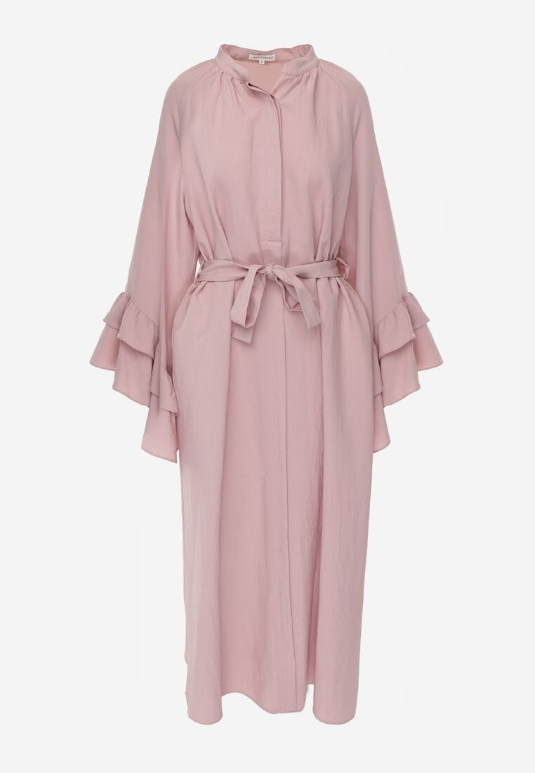 Różowa Wiskozowa Sukienka Koszulowa z Falbanami przy Rękawach i Paskiem Dinirae 6