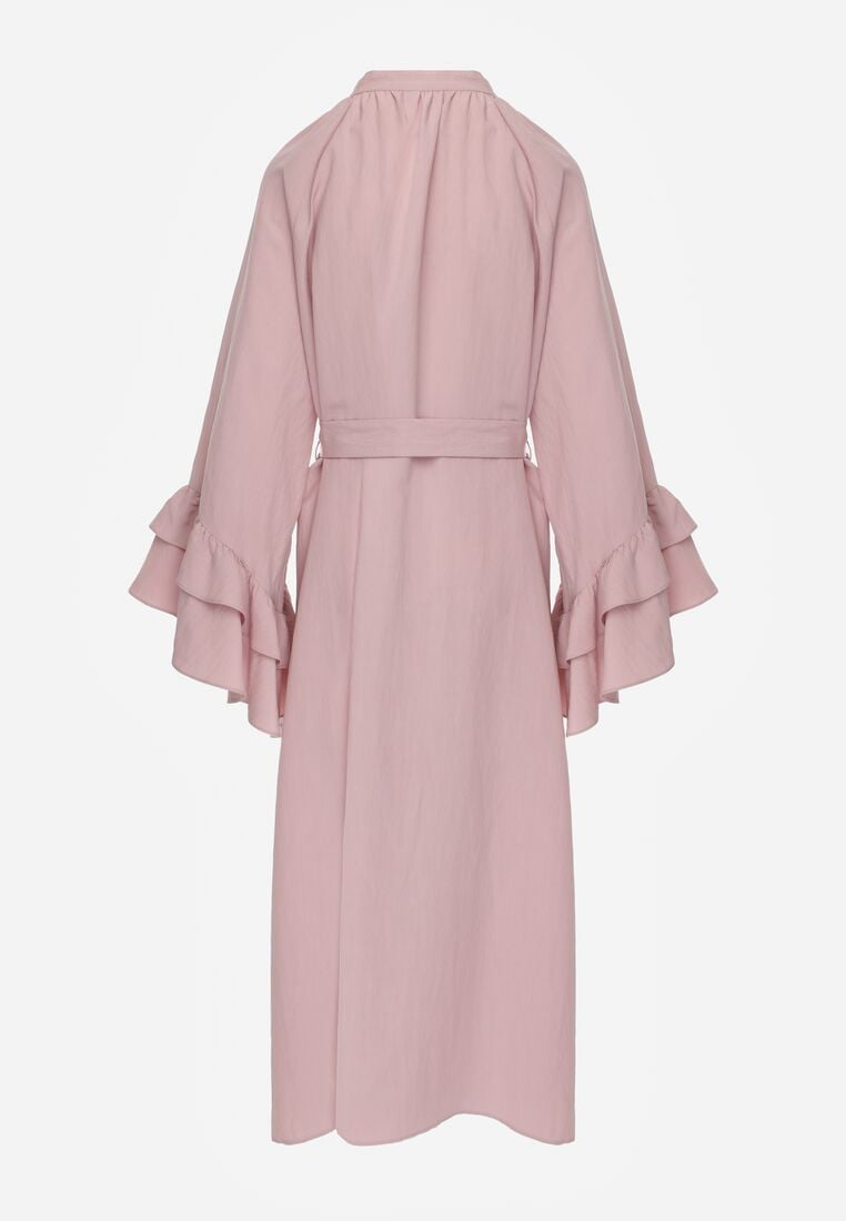 Różowa Wiskozowa Sukienka Koszulowa z Falbanami przy Rękawach i Paskiem Dinirae 7