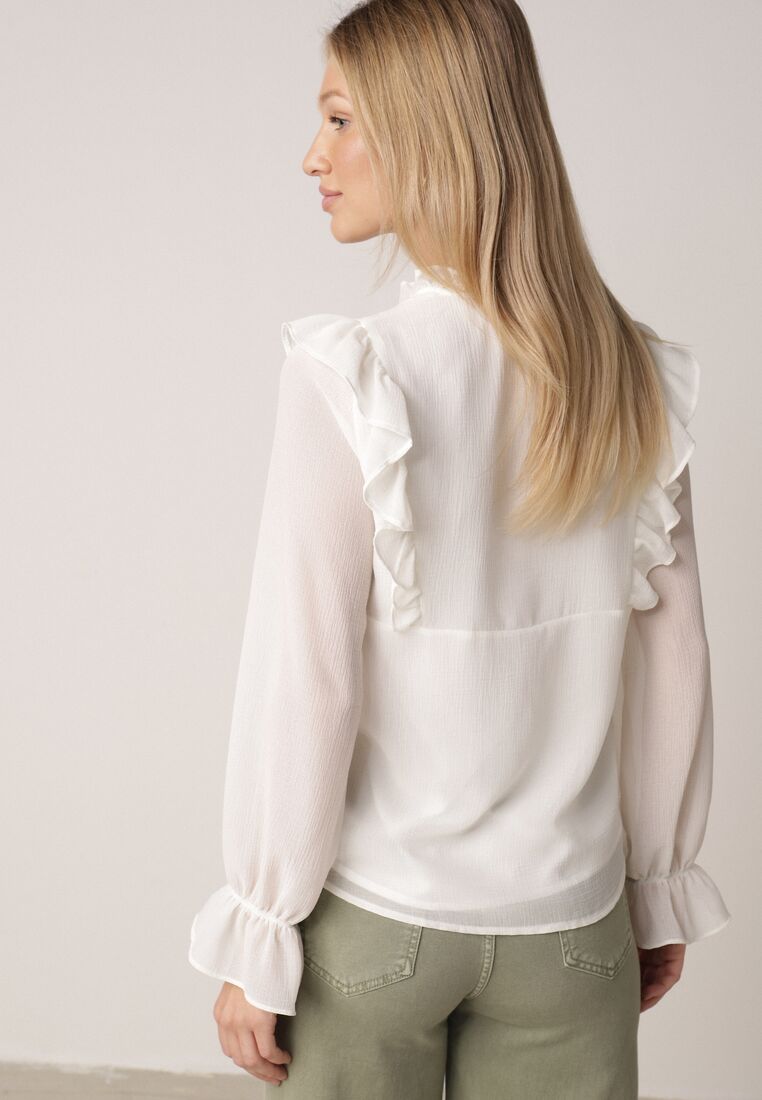 Biała Romantyczna Bluzka z Falbankami i Wiązaniem przy Dekolcie Zeaniyana 3