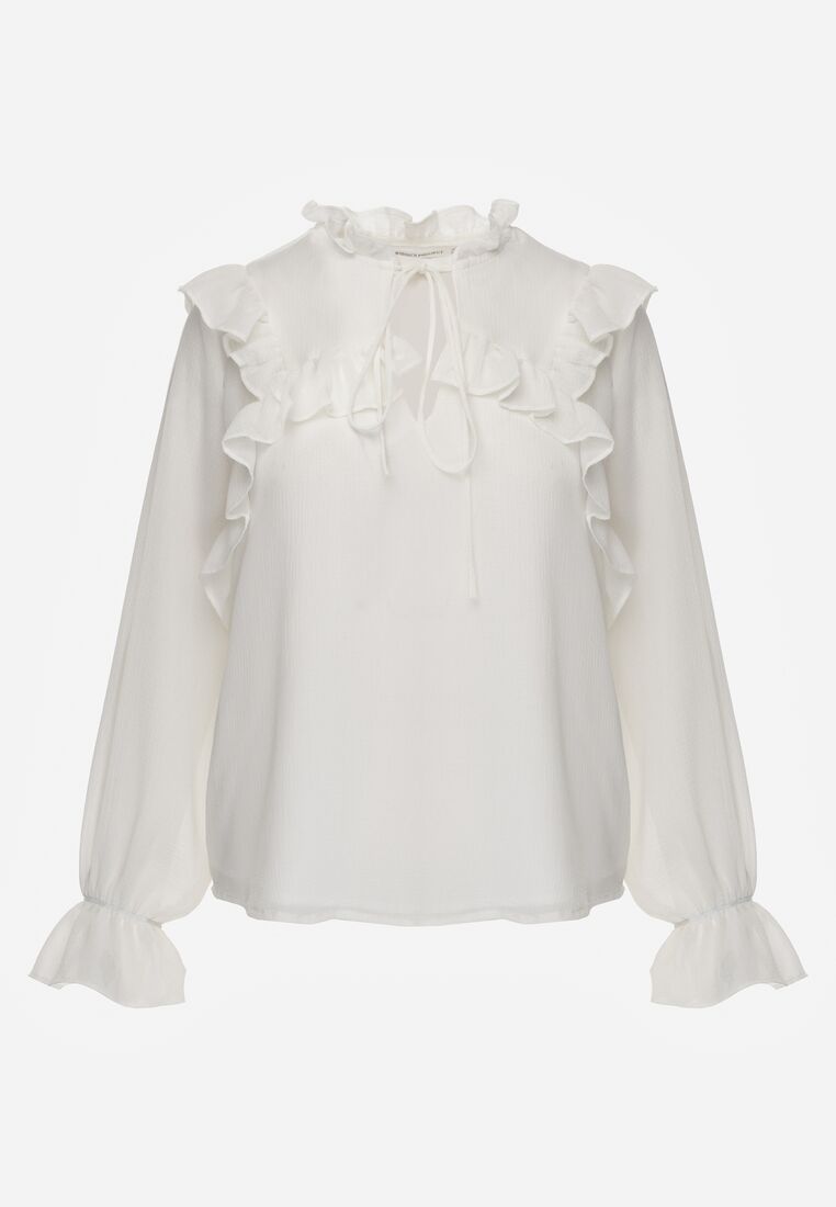 Biała Romantyczna Bluzka z Falbankami i Wiązaniem przy Dekolcie Zeaniyana 6