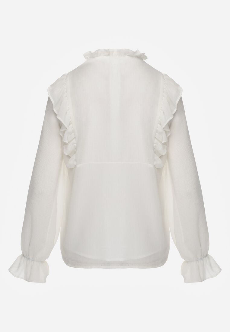 Biała Romantyczna Bluzka z Falbankami i Wiązaniem przy Dekolcie Zeaniyana 7
