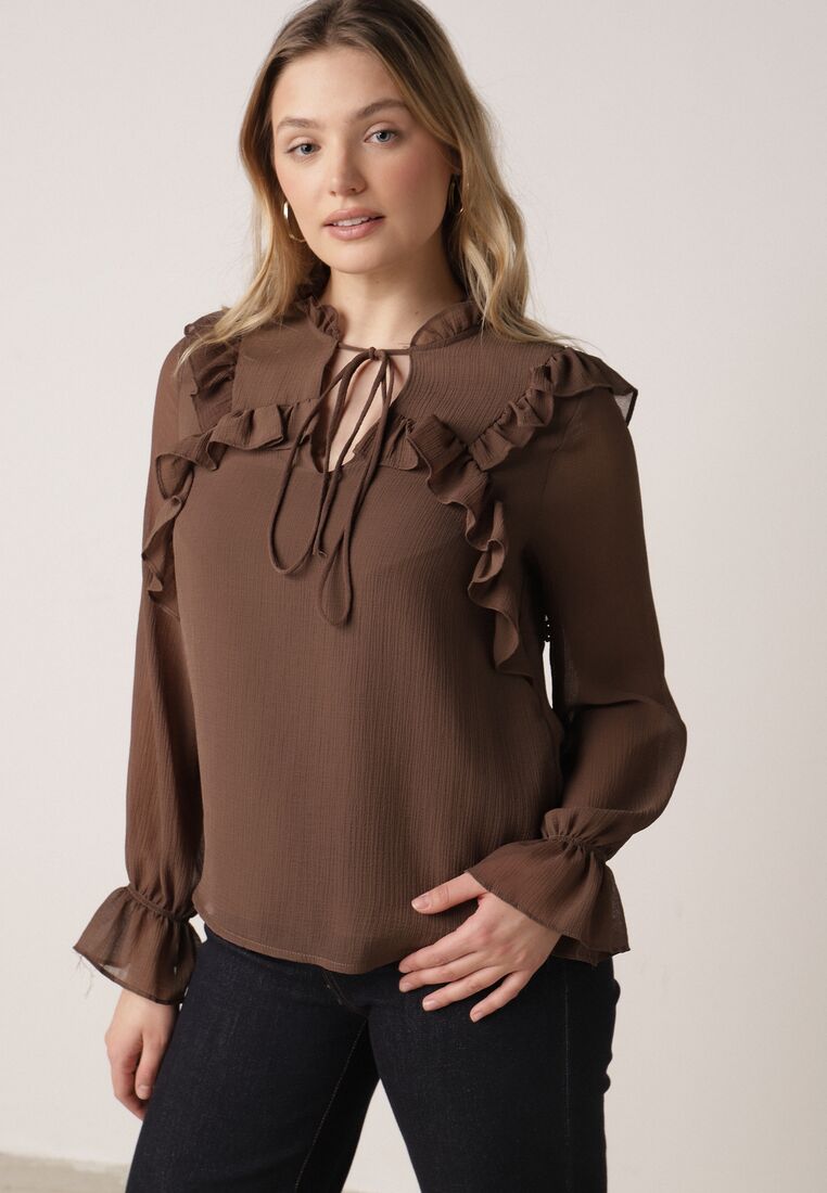 Brązowa Romantyczna Bluzka z Falbankami i Wiązaniem przy Dekolcie Zeaniyana 1