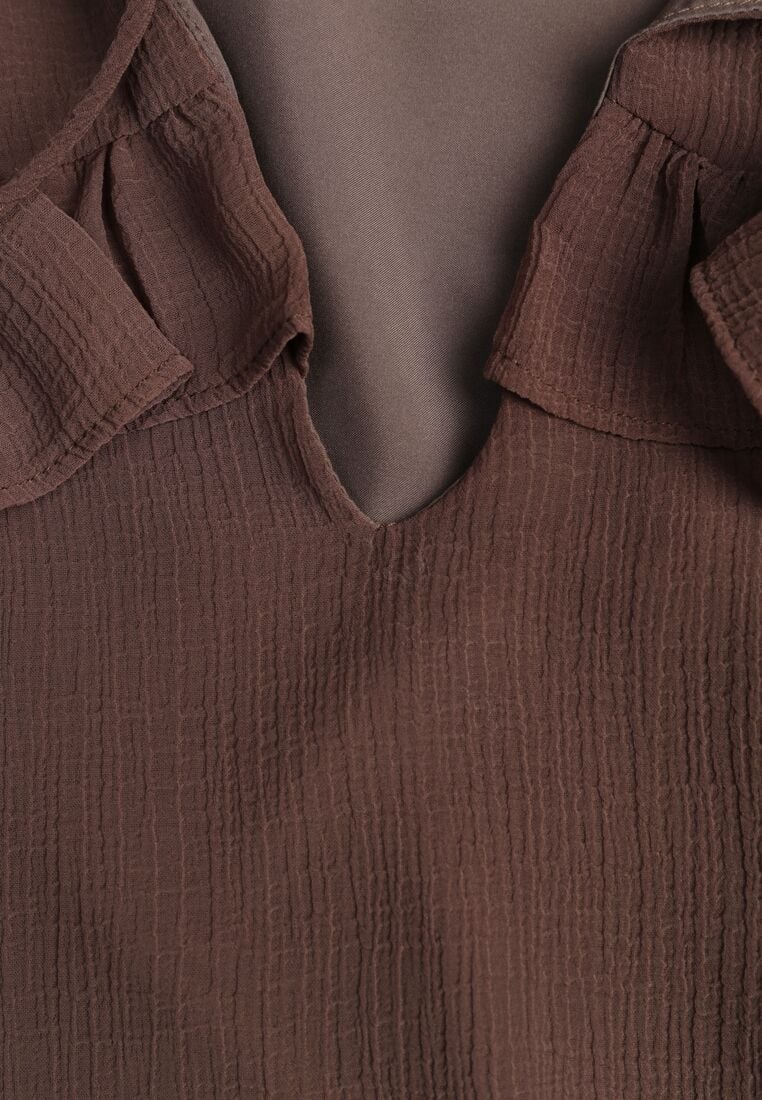 Brązowa Romantyczna Bluzka z Falbankami i Wiązaniem przy Dekolcie Zeaniyana 8