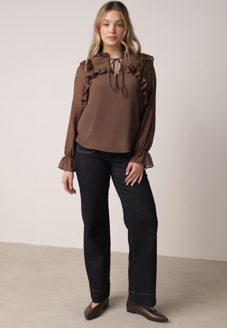 Brązowa Romantyczna Bluzka z Falbankami i Wiązaniem przy Dekolcie Zeaniyana 2