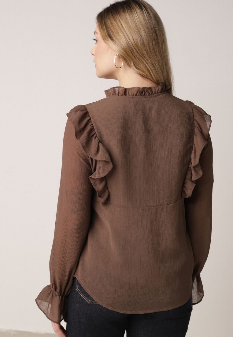 Brązowa Romantyczna Bluzka z Falbankami i Wiązaniem przy Dekolcie Zeaniyana 3