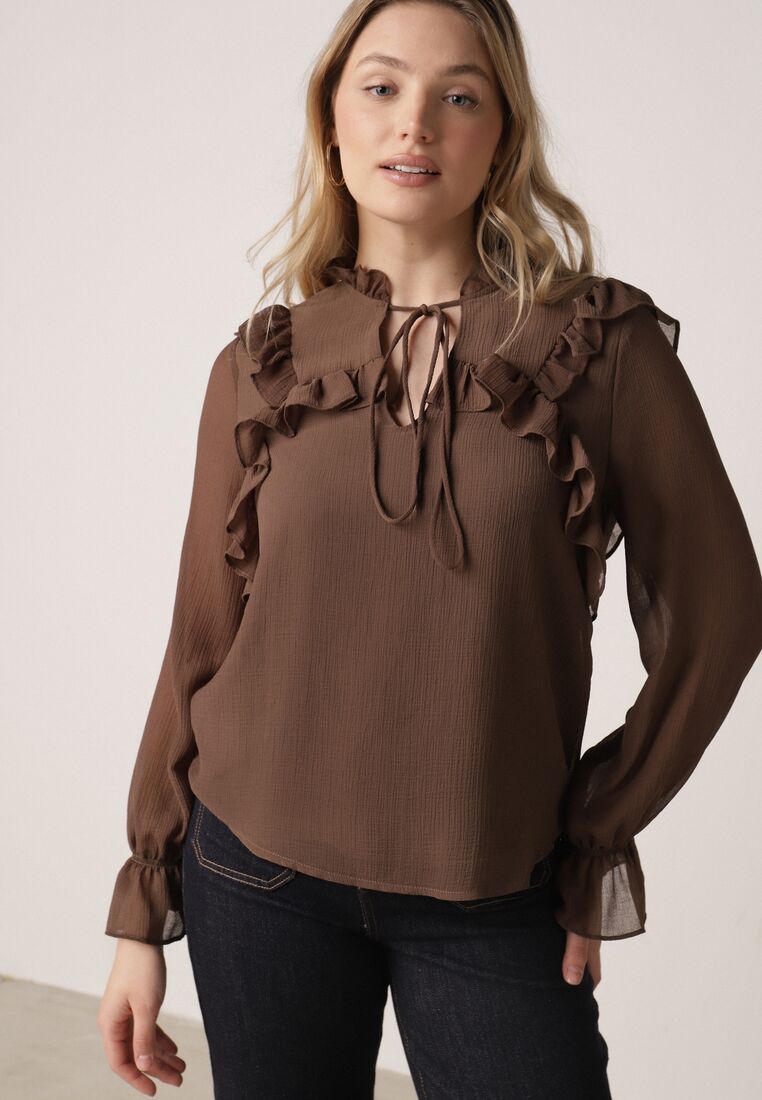 Brązowa Romantyczna Bluzka z Falbankami i Wiązaniem przy Dekolcie Zeaniyana 4