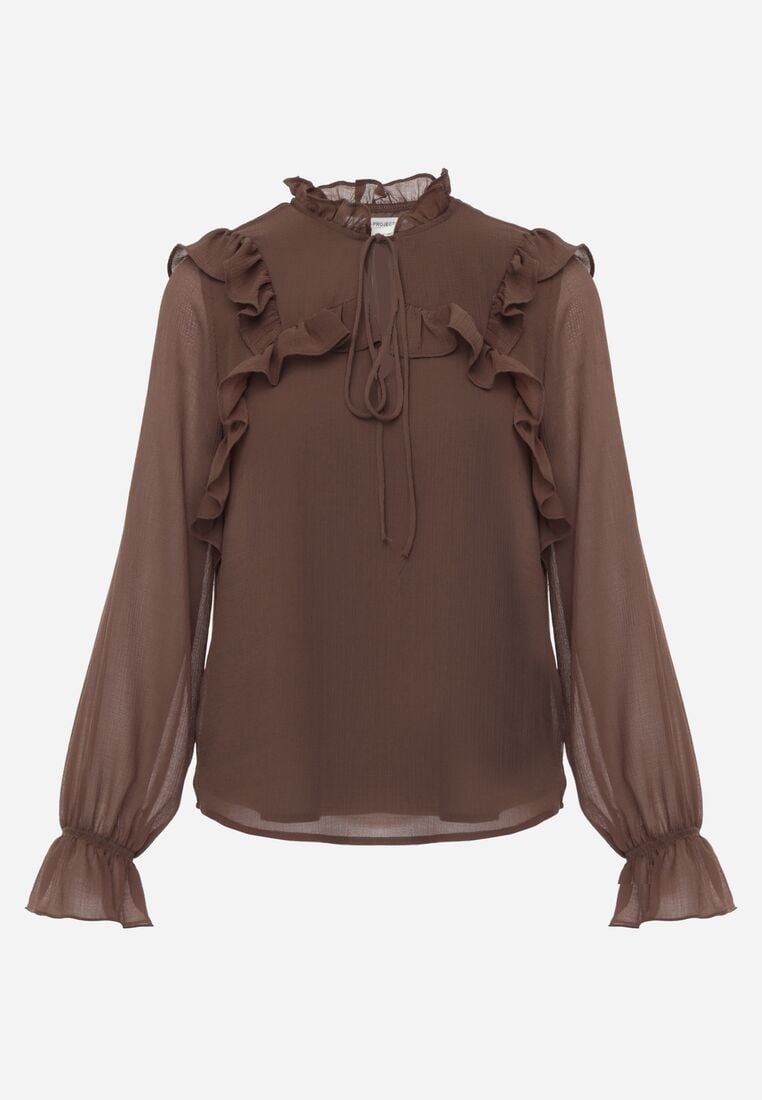Brązowa Romantyczna Bluzka z Falbankami i Wiązaniem przy Dekolcie Zeaniyana 6