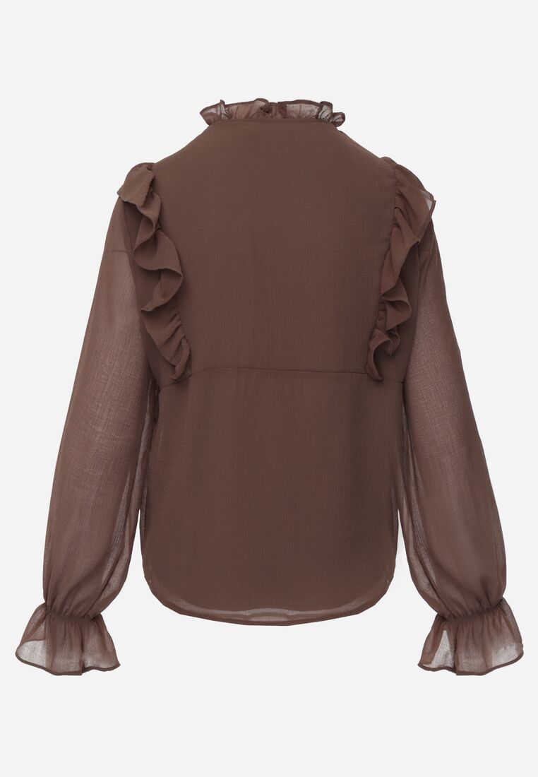 Brązowa Romantyczna Bluzka z Falbankami i Wiązaniem przy Dekolcie Zeaniyana 7