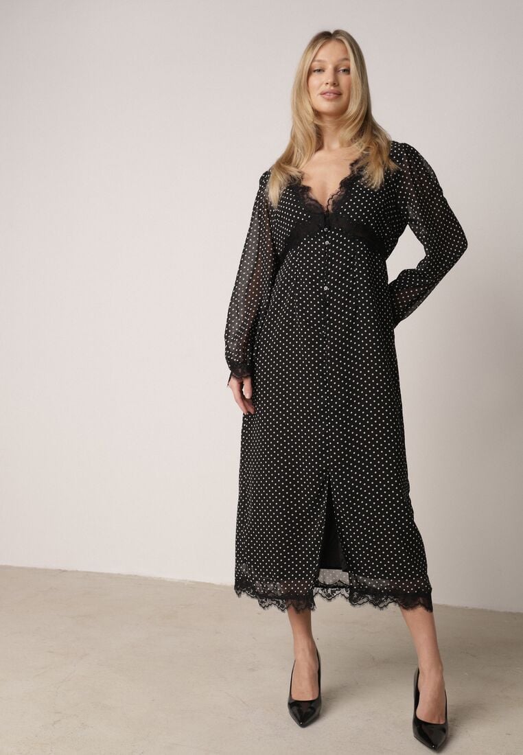 Czarna Sukienka w Kropki z Koronką i Transparentnymi Rękawami Hetiera 1