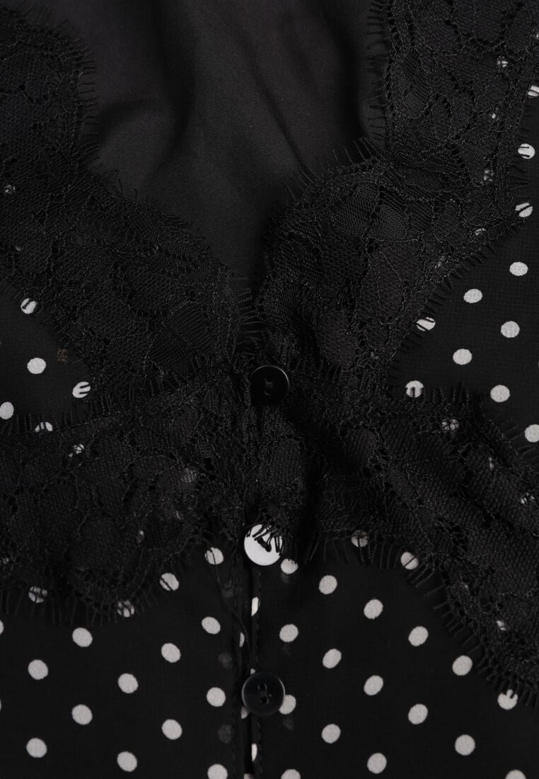 Czarna Sukienka w Kropki z Koronką i Transparentnymi Rękawami Hetiera 8