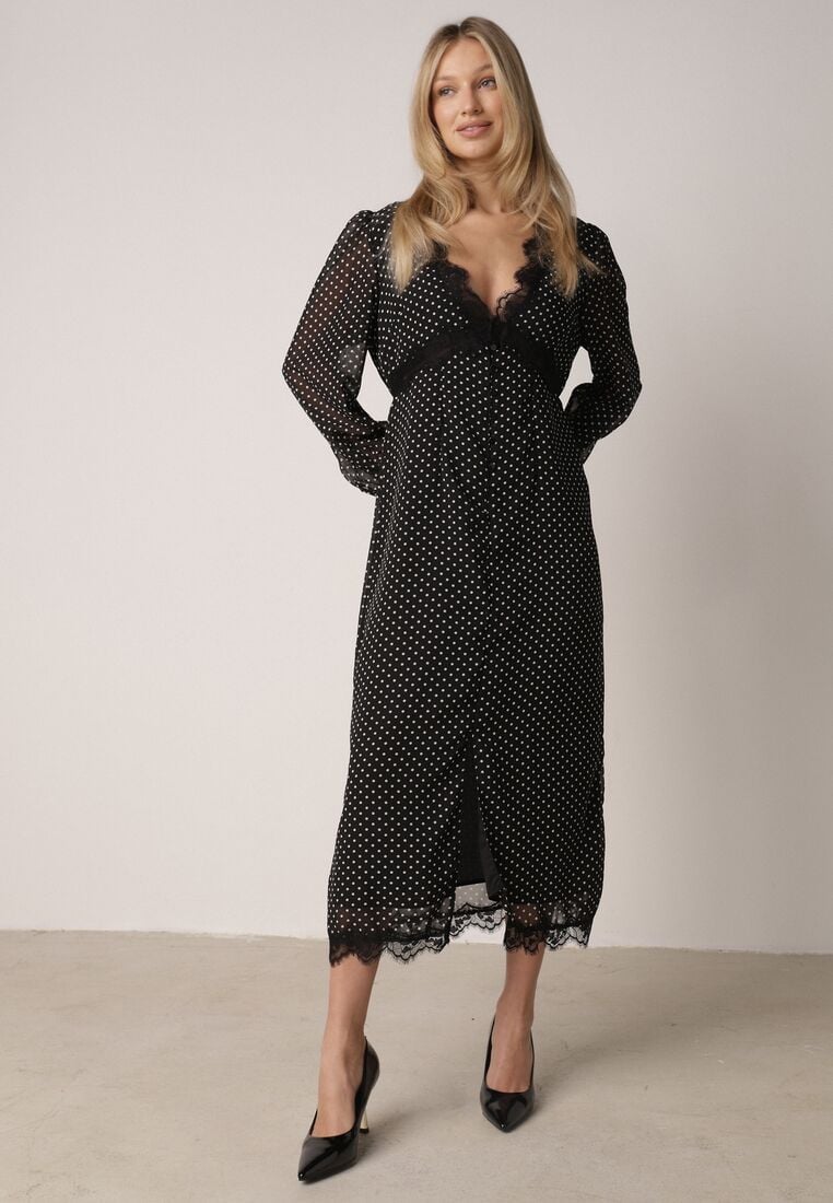 Czarna Sukienka w Kropki z Koronką i Transparentnymi Rękawami Hetiera 4