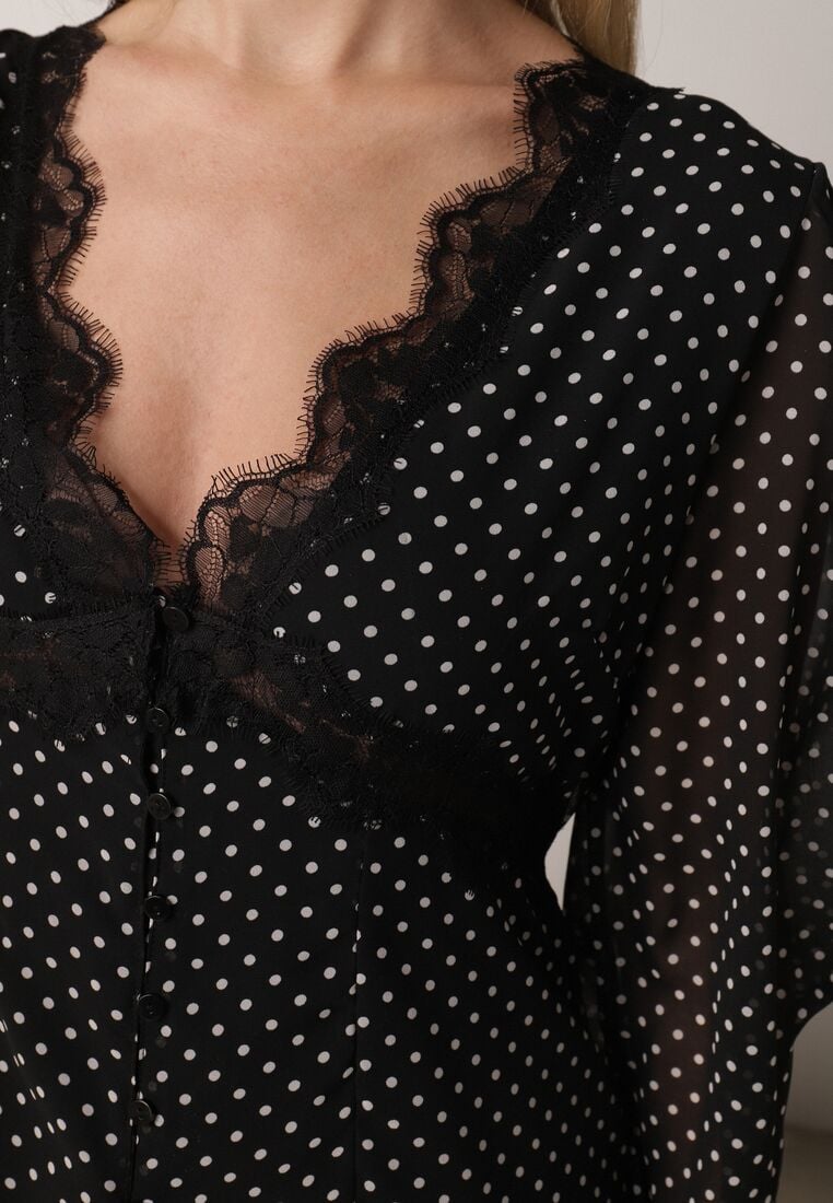 Czarna Sukienka w Kropki z Koronką i Transparentnymi Rękawami Hetiera 5