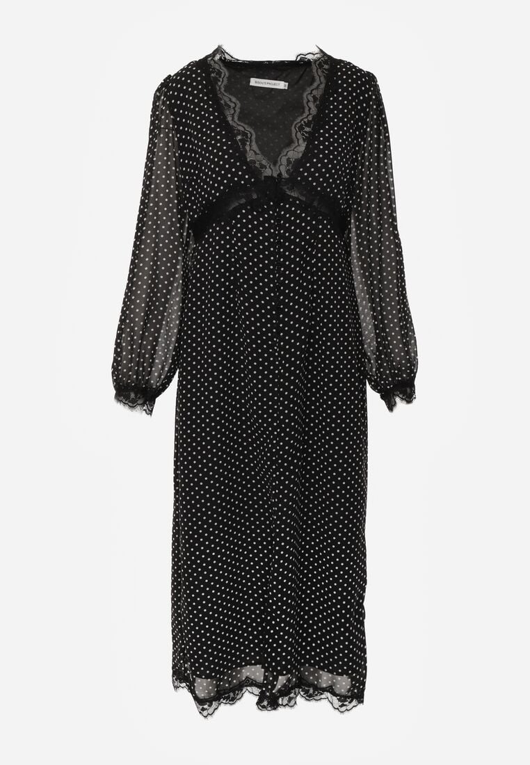 Czarna Sukienka w Kropki z Koronką i Transparentnymi Rękawami Hetiera 6