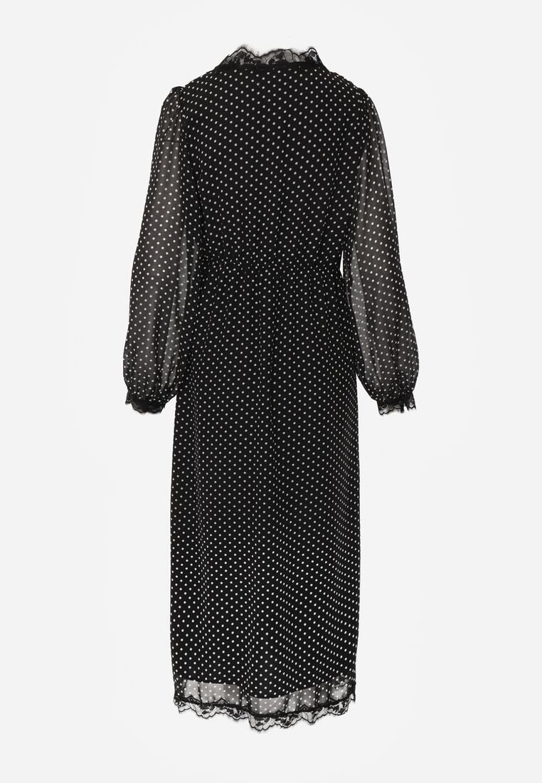Czarna Sukienka w Kropki z Koronką i Transparentnymi Rękawami Hetiera 7