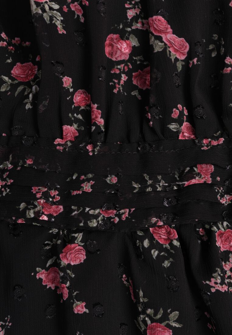 Czarna Rozkloszowana Sukienka w Kwiaty i Kropki z Transparentnymi Rękawami Edinella 8