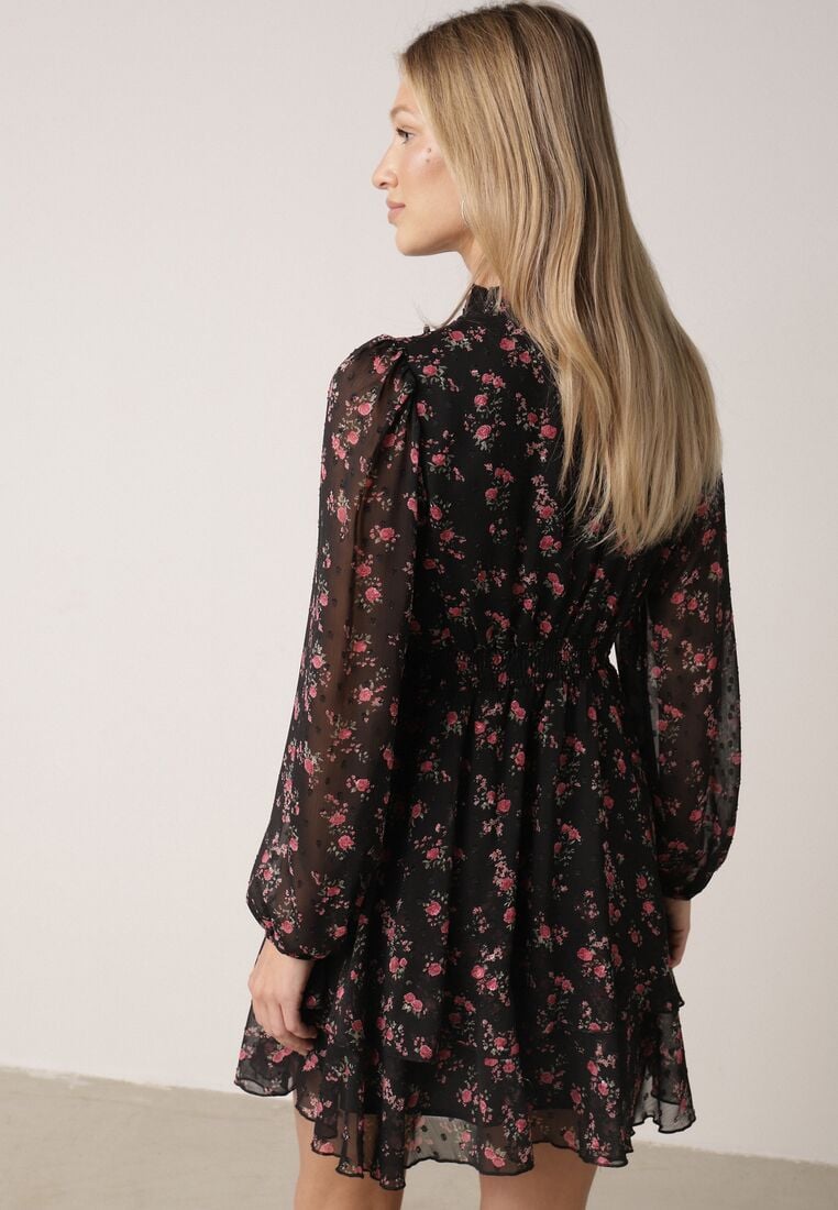 Czarna Rozkloszowana Sukienka w Kwiaty i Kropki z Transparentnymi Rękawami Edinella 3