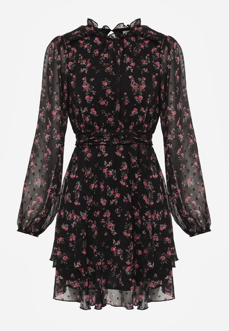 Czarna Rozkloszowana Sukienka w Kwiaty i Kropki z Transparentnymi Rękawami Edinella 6