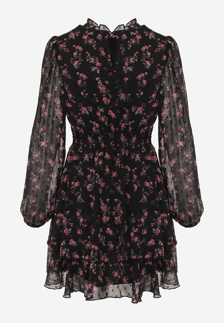 Czarna Rozkloszowana Sukienka w Kwiaty i Kropki z Transparentnymi Rękawami Edinella 7