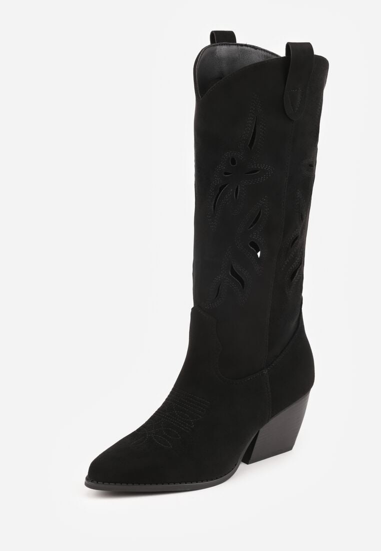 Czarne Kozaki Kowbojki na Stożkowym Obcasie z Ażurową Cholewką Tidanna 5