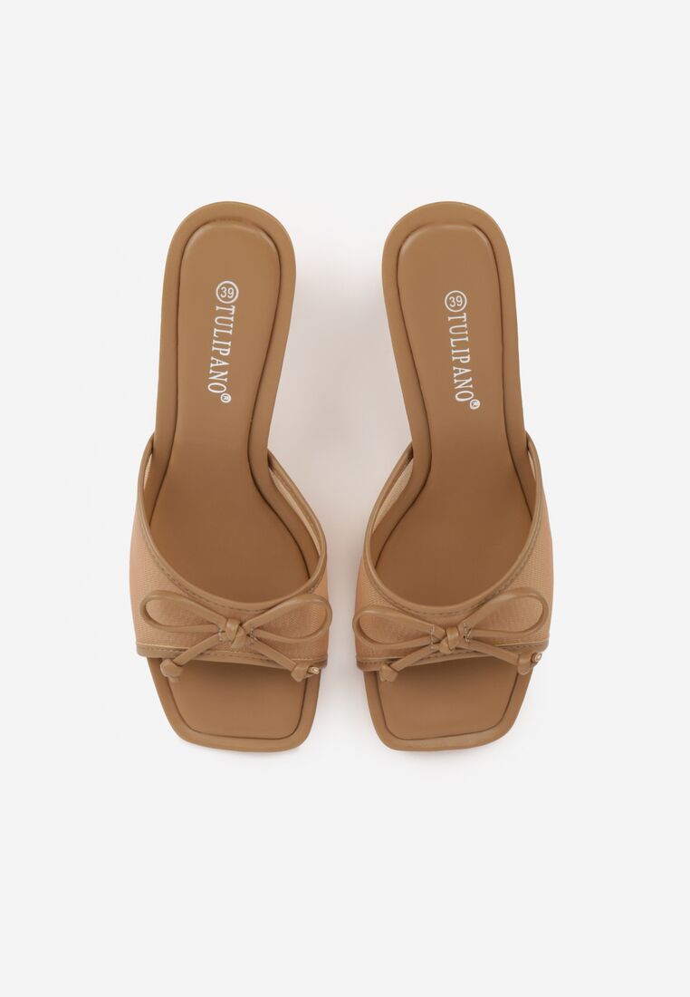 Ciemnobeżowe Siateczkowe Klapki na Szpilce Ozdobione Kokardą Vikisae 6