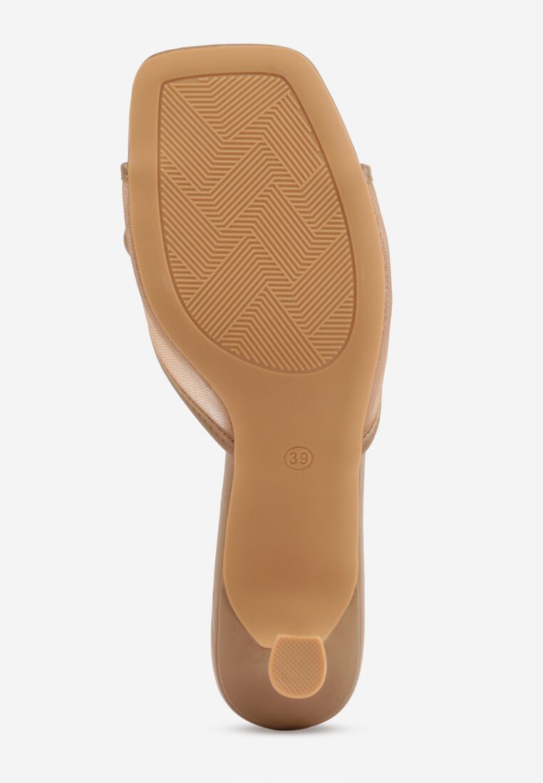 Ciemnobeżowe Siateczkowe Klapki na Szpilce Ozdobione Kokardą Vikisae 7