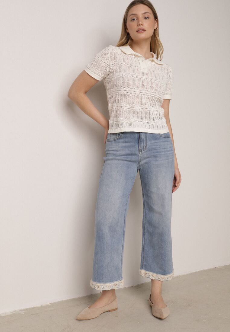 Niebieskie Szerokie Jeansy Ozdobione na Dole Koronką Salioneth 1