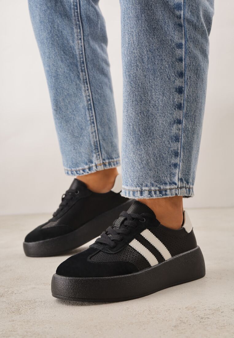 Czarne Skórzane Sneakersy na Grubej Podeszwie Ozdobione  Paskami i Perforacją Wiefia 1