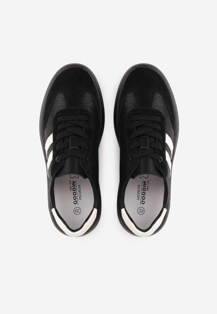 Czarne Skórzane Sneakersy na Grubej Podeszwie Ozdobione  Paskami i Perforacją Wiefia 6