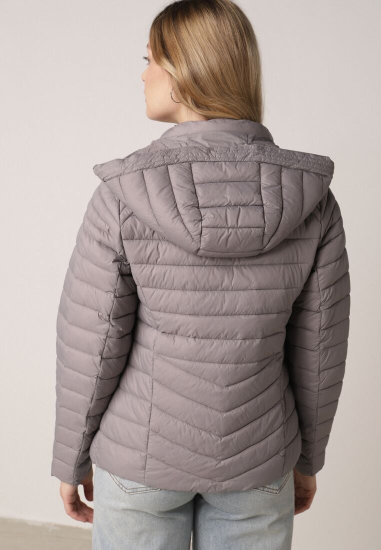 Szara Klasyczna Kurtka Przejściowa z Pikowaniem i Odpinanym Kapturem Pretiella 3