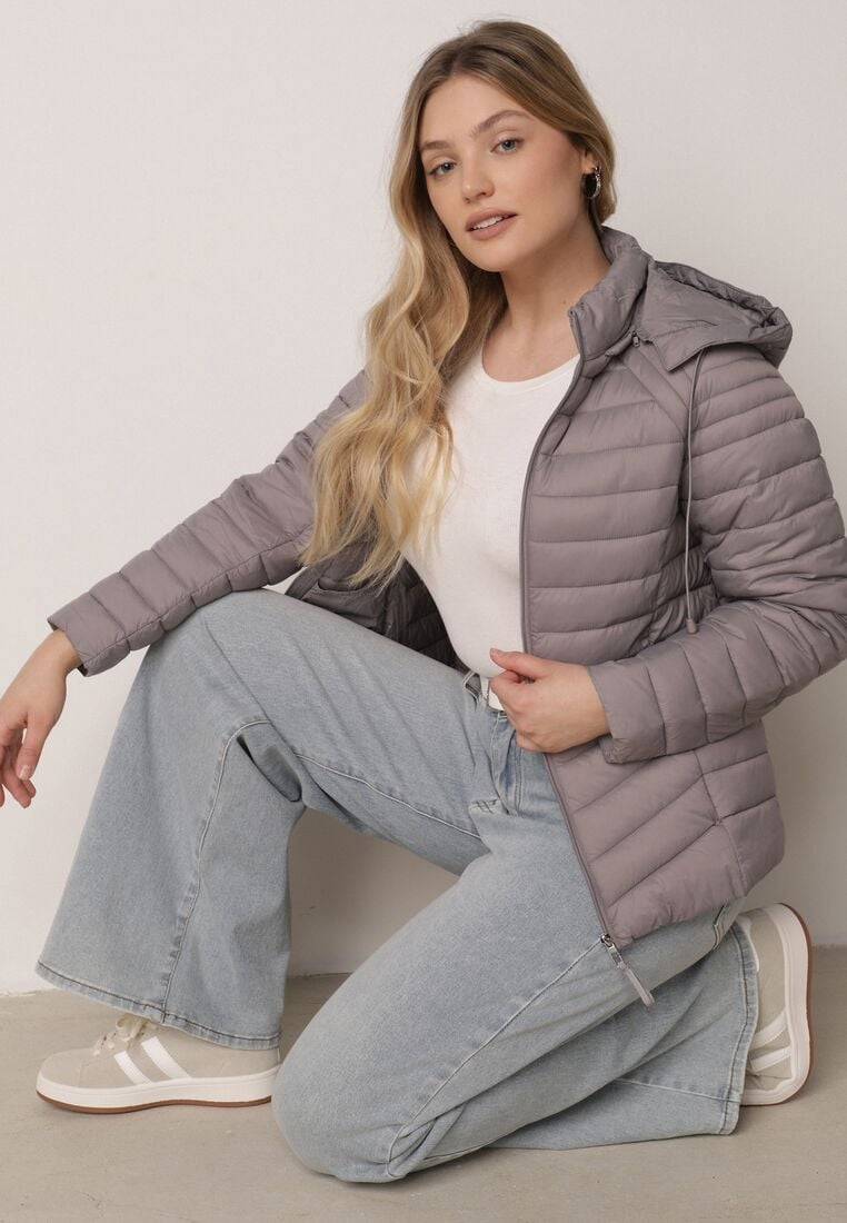 Szara Klasyczna Kurtka Przejściowa z Pikowaniem i Odpinanym Kapturem Pretiella 4