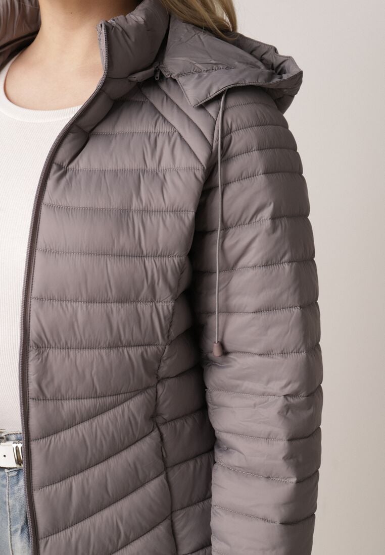 Szara Klasyczna Kurtka Przejściowa z Pikowaniem i Odpinanym Kapturem Pretiella 5