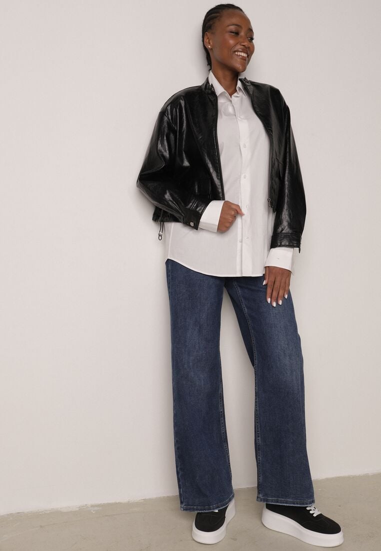 Czarna Kurtka Ramoneska Bomberka Ściągana po Bokach Salanthe 2