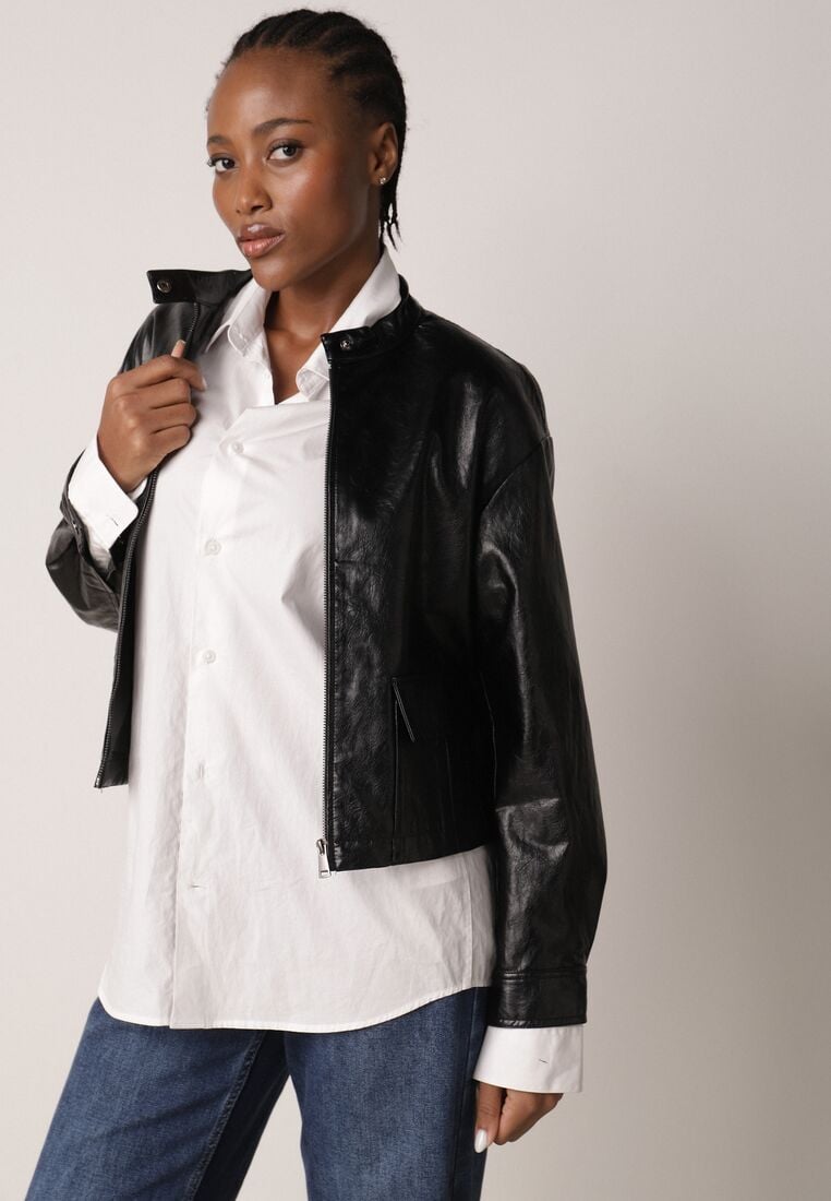 Czarna Kurtka Ramoneska Bomberka Ściągana po Bokach Salanthe 4