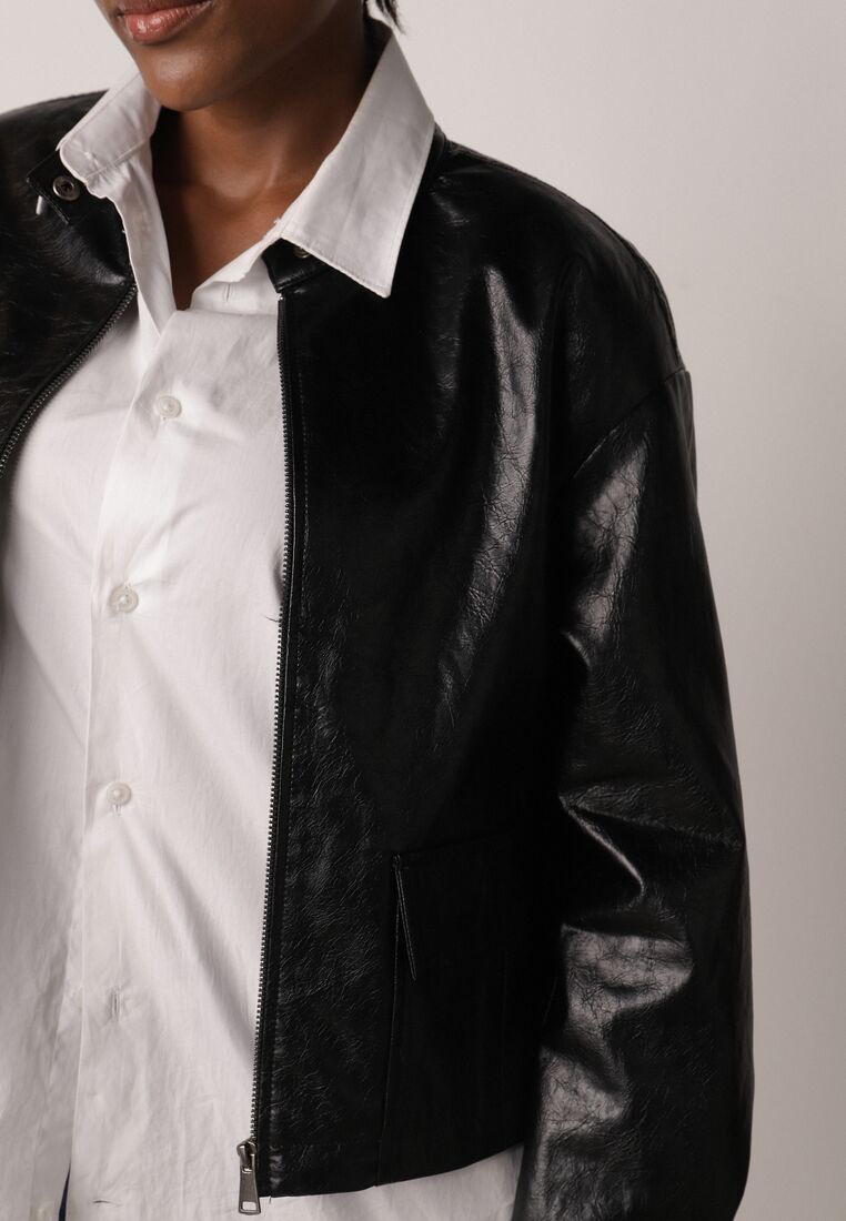 Czarna Kurtka Ramoneska Bomberka Ściągana po Bokach Salanthe 5